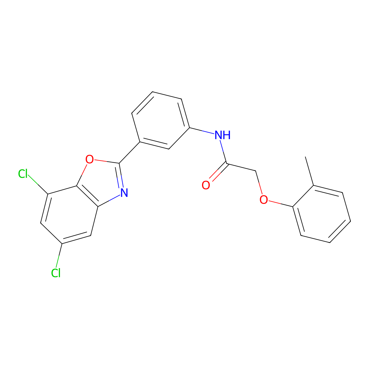 N-[3-(5,7-dichloro-1,3-benzoxazol-2-yl)phenyl]-2-(2-methylphenoxy)acetamide molecular structure, CAS 425679-14-7