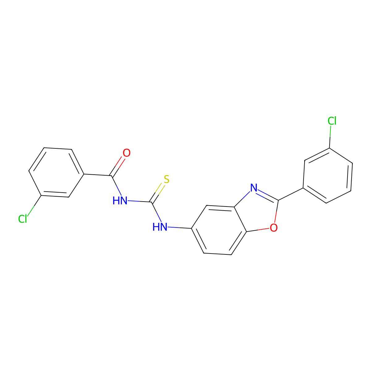 3-chloro-N-[[2-(3-chlorophenyl)-1,3-benzoxazol-5-yl]carbamothioyl]benzamide molecular structure, CAS 425680-31-5