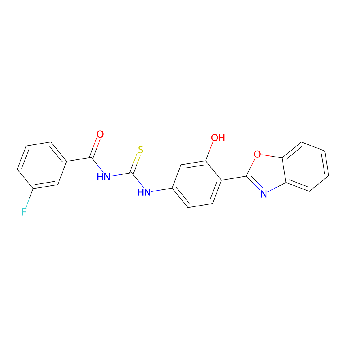 N-((4-(benzo[d]oxazol-2-yl)-3-hydroxyphenyl)carbamothioyl)-3-fluorobenzamide molecular structure, CAS 425680-44-0