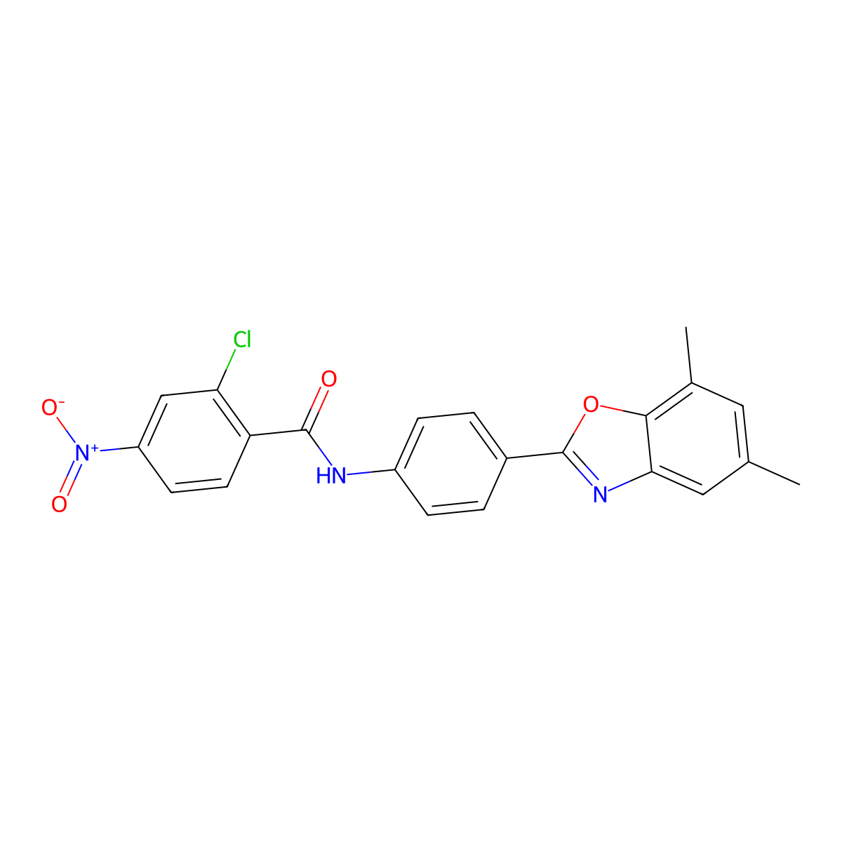 2-chloro-N-[4-(5,7-dimethyl-1,3-benzoxazol-2-yl)phenyl]-4-nitrobenzamide molecular structure, CAS 425680-47-3