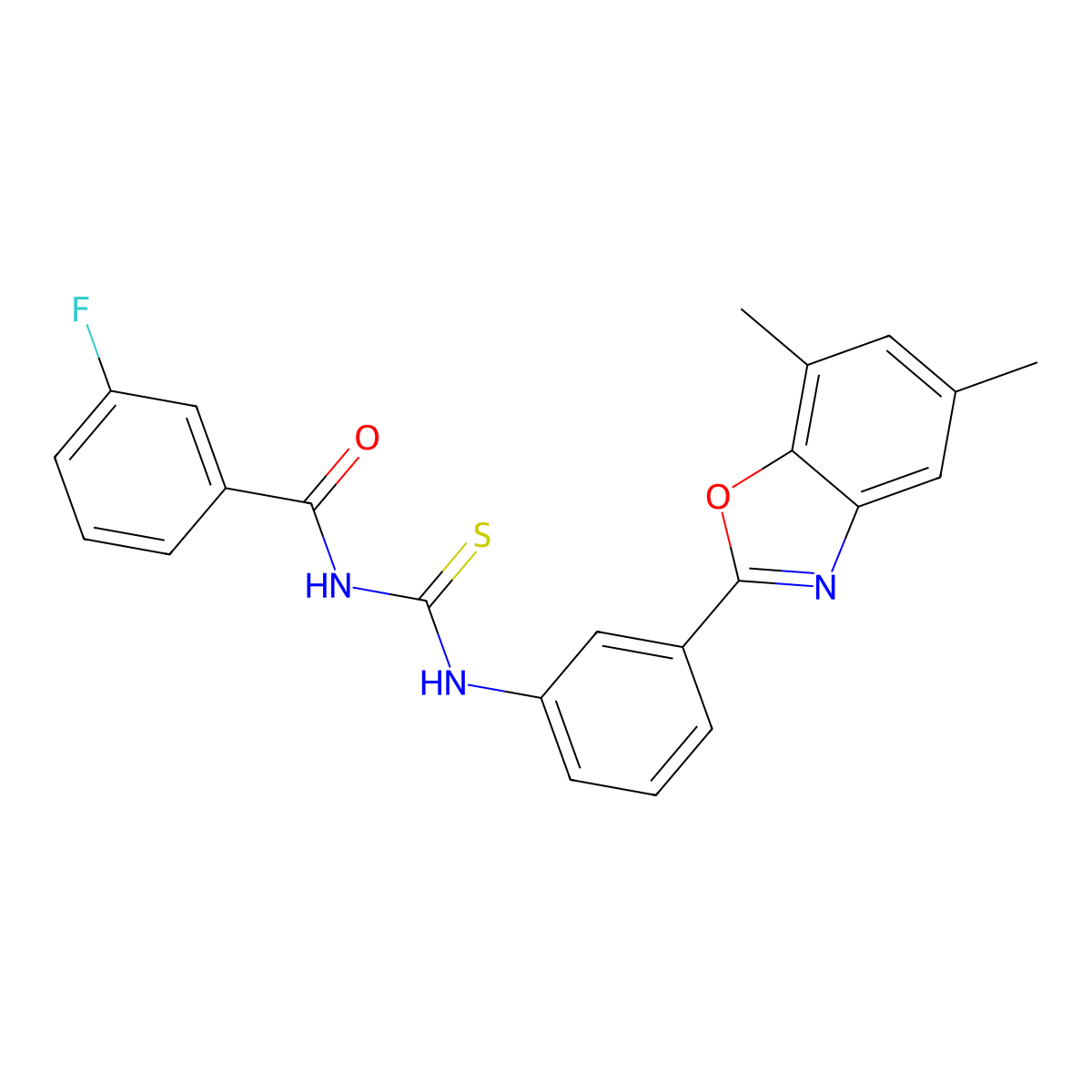 N-[[3-(5,7-dimethyl-1,3-benzoxazol-2-yl)phenyl]carbamothioyl]-3-fluorobenzamide molecular structure, CAS 425682-62-8