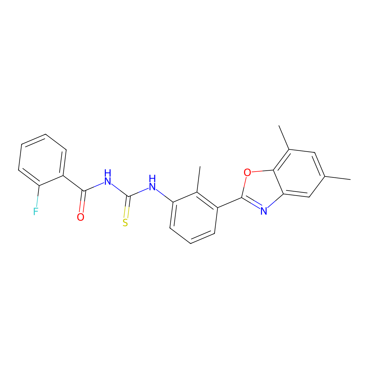 N-[[3-(5,7-dimethyl-1,3-benzoxazol-2-yl)-2-methylphenyl]carbamothioyl]-2-fluorobenzamide molecular structure, CAS 425683-38-1