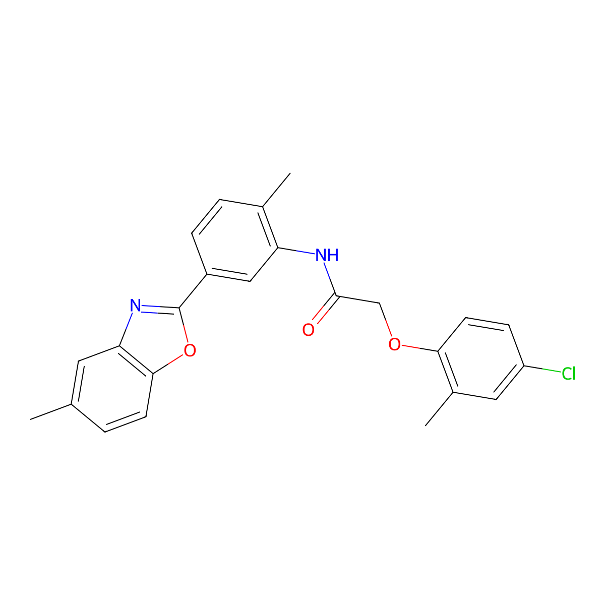 2-(4-chloro-2-methylphenoxy)-N-[2-methyl-5-(5-methyl-1,3-benzoxazol-2-yl)phenyl]acetamide molecular structure, CAS 425683-47-2