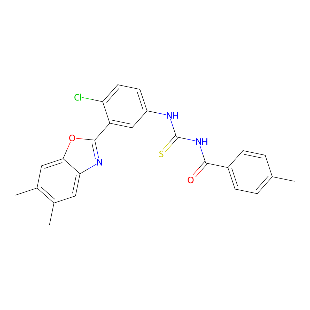 N-[[4-chloro-3-(5,6-dimethyl-1,3-benzoxazol-2-yl)phenyl]carbamothioyl]-4-methylbenzamide molecular structure, CAS 425684-34-0