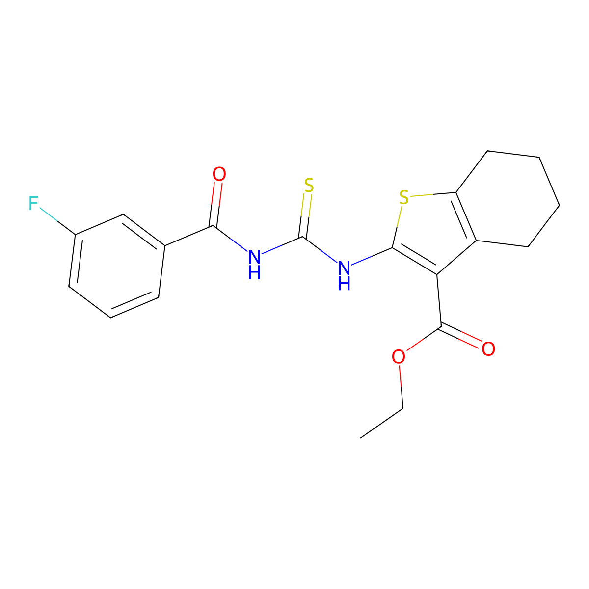Ethyl 2-({[(3-fluorophenyl)carbonyl]carbamothioyl}amino)-4,5,6,7-tetrahydro-1-benzothiophene-3-carboxylate molecular structure, CAS 425684-42-0