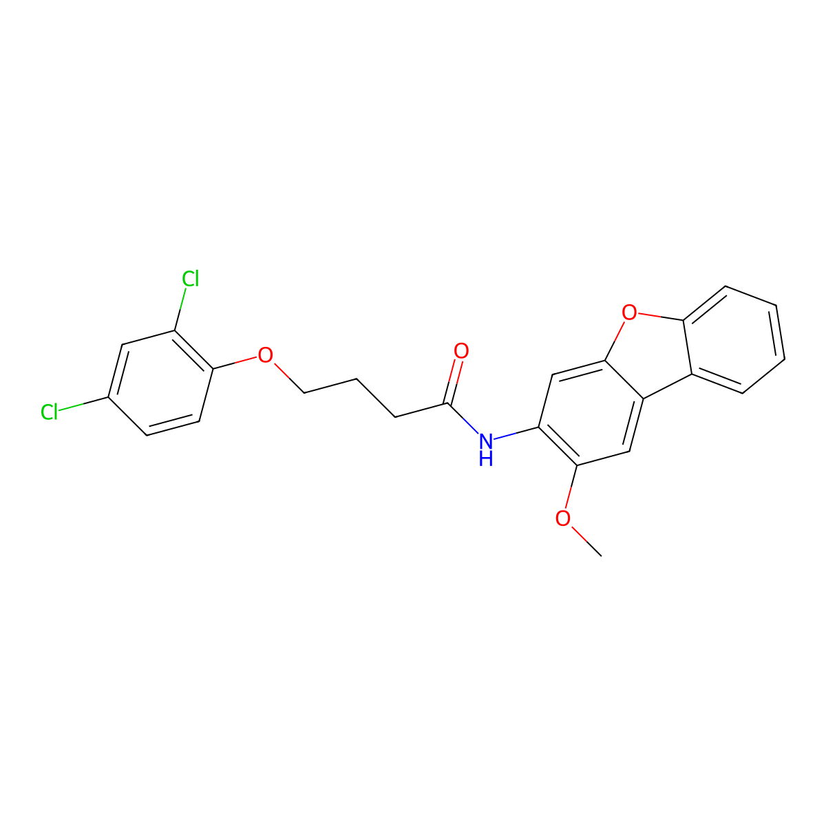 4-(2,4-dichlorophenoxy)-N-(2-methoxydibenzofuran-3-yl)butanamide molecular structure, CAS 425685-98-9