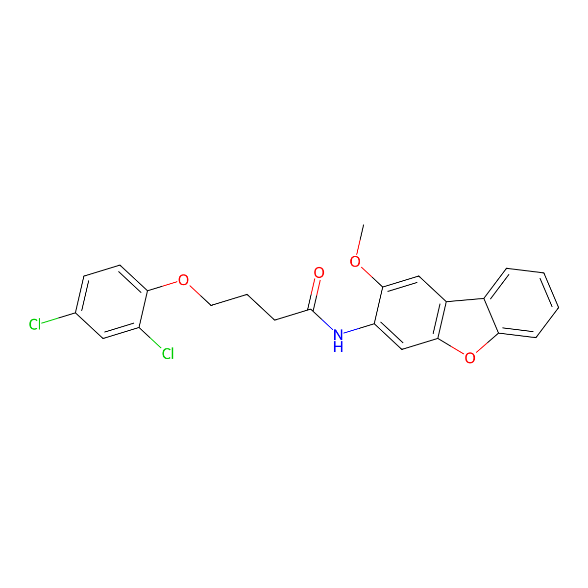 4-(2,4-dichlorophenoxy)-N-(2-methoxydibenzofuran-3-yl)butanamide molecular structure, CAS 425685-98-9