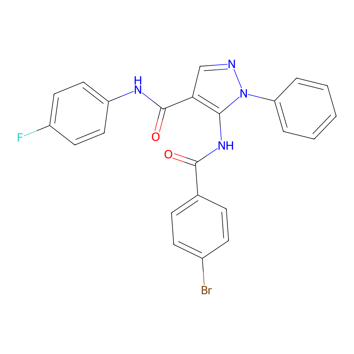 5-[(4-bromobenzoyl)amino]-N-(4-fluorophenyl)-1-phenylpyrazole-4-carboxamide molecular structure, CAS 426215-72-7