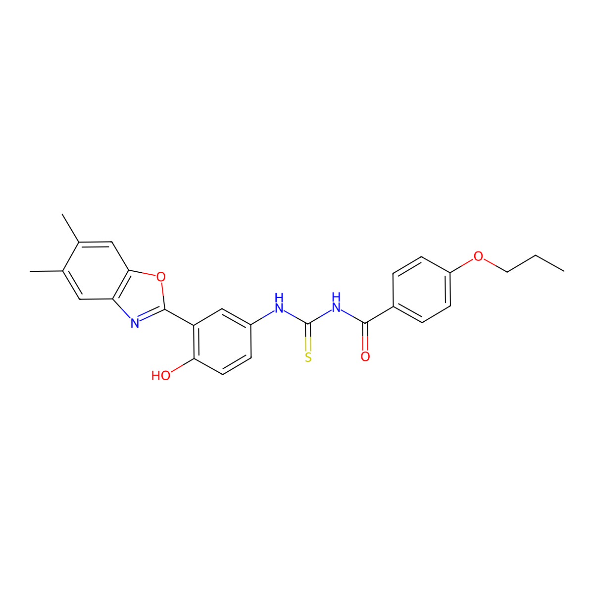 N-((3-(5,6-dimethylbenzo[d]oxazol-2-yl)-4-hydroxyphenyl)carbamothioyl)-4-propoxybenzamide molecular structure, CAS 426222-09-5