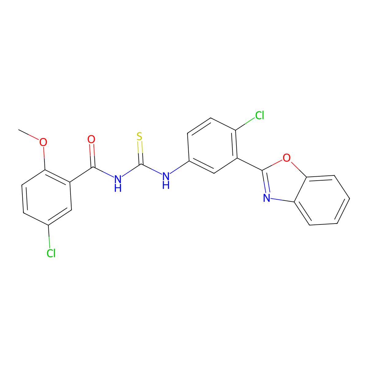 N-[[3-(1,3-benzoxazol-2-yl)-4-chlorophenyl]carbamothioyl]-5-chloro-2-methoxybenzamide molecular structure, CAS 426230-24-2