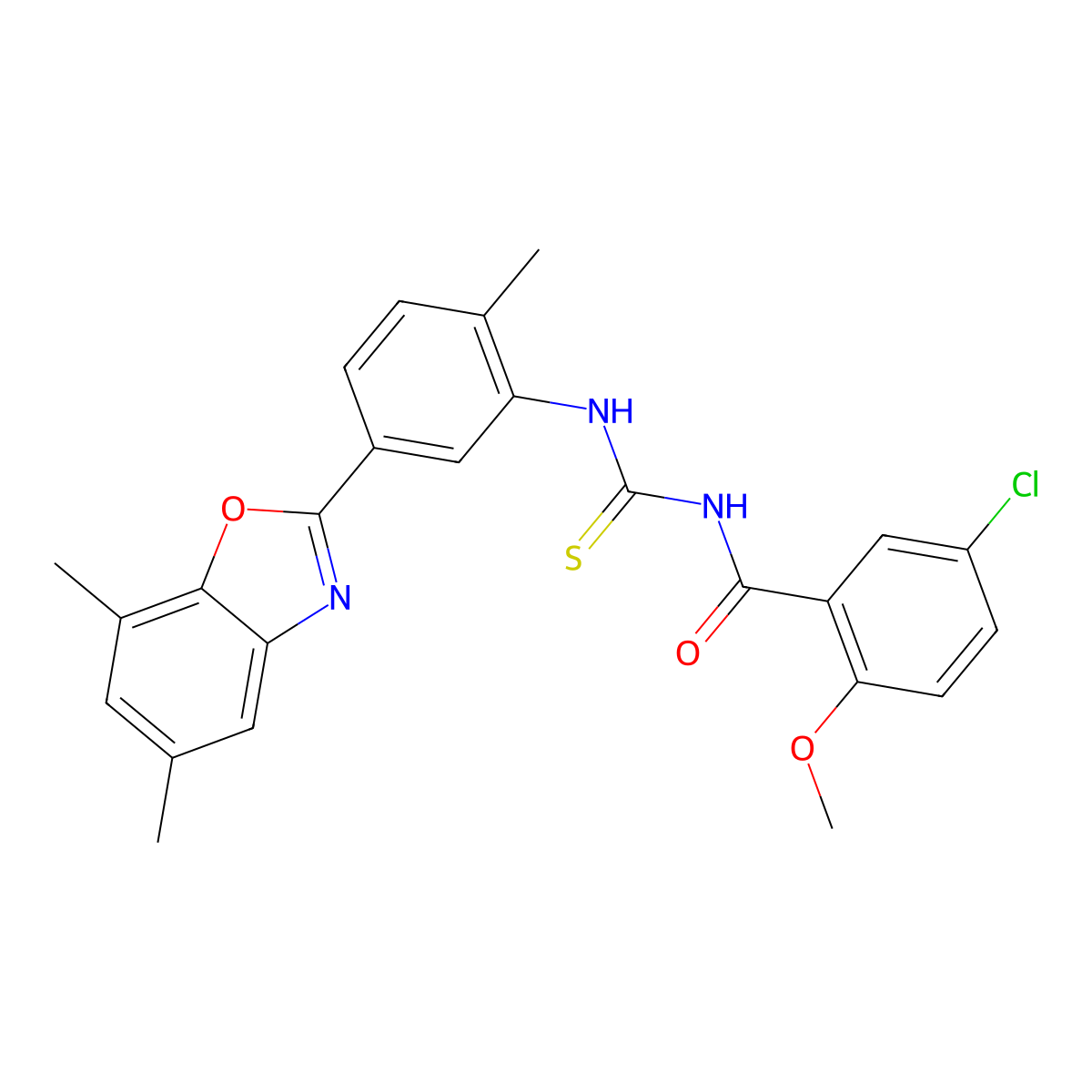 5-chloro-N-[[5-(5,7-dimethyl-1,3-benzoxazol-2-yl)-2-methylphenyl]carbamothioyl]-2-methoxybenzamide molecular structure, CAS 426230-35-5