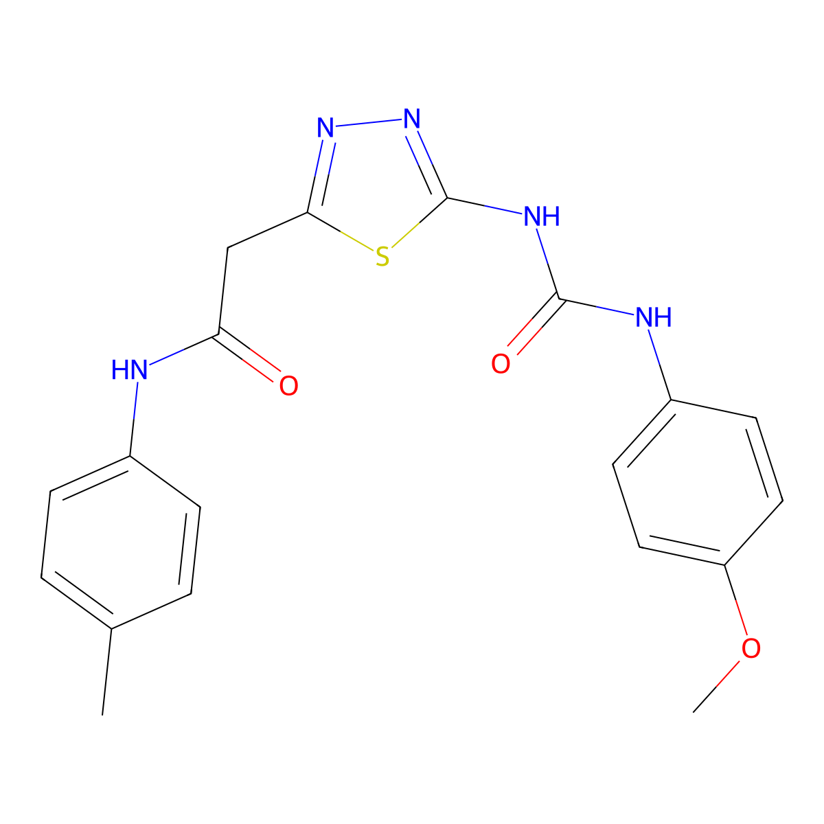 2-[5-[(4-methoxyphenyl)carbamoylamino]-1,3,4-thiadiazol-2-yl]-N-(4-methylphenyl)acetamide molecular structure, CAS 426235-03-2