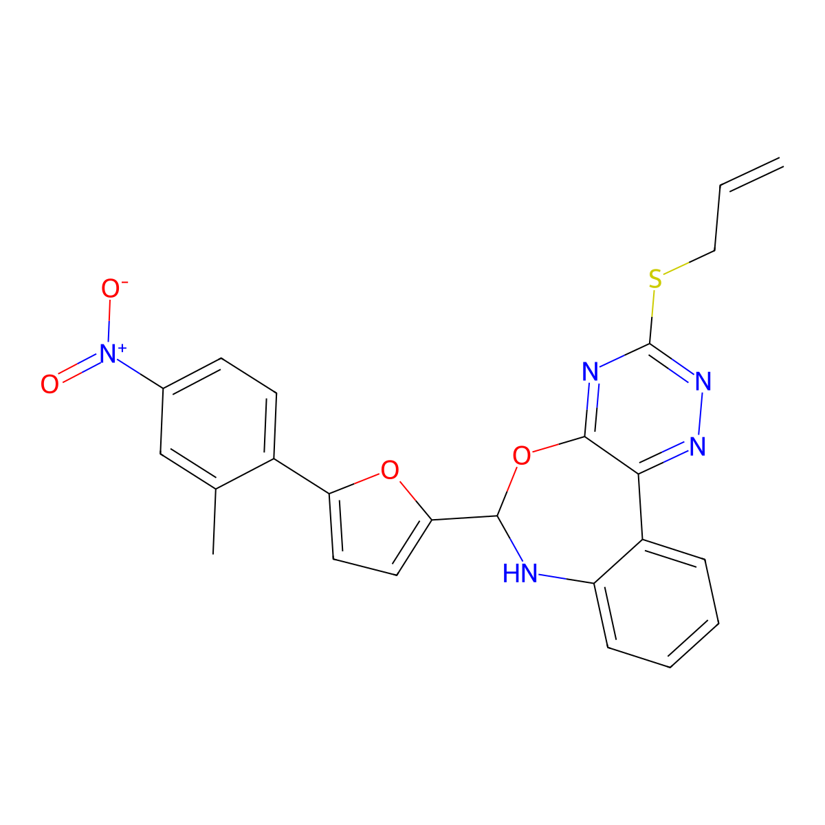 6-[5-(2-Methyl-4-nitrophenyl)furan-2-yl]-3-prop-2-enylsulfanyl-6,7-dihydro-[1,2,4]triazino[5,6-d][3,1]benzoxazepine molecular structure, CAS 426236-50-2