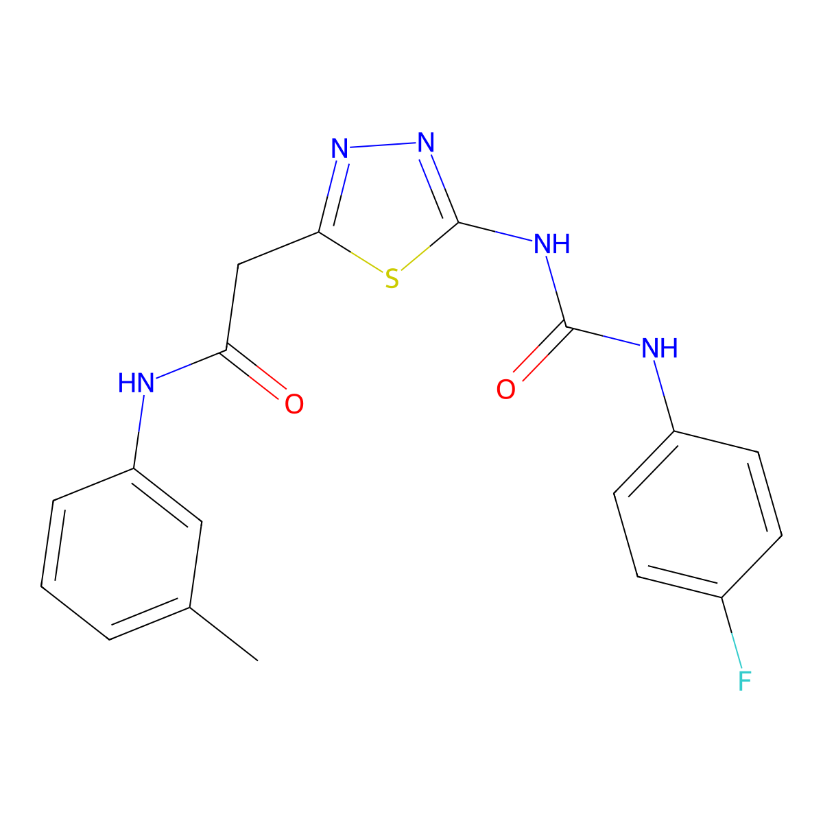 2-[5-[(4-fluorophenyl)carbamoylamino]-1,3,4-thiadiazol-2-yl]-N-(3-methylphenyl)acetamide molecular structure, CAS 426236-89-7