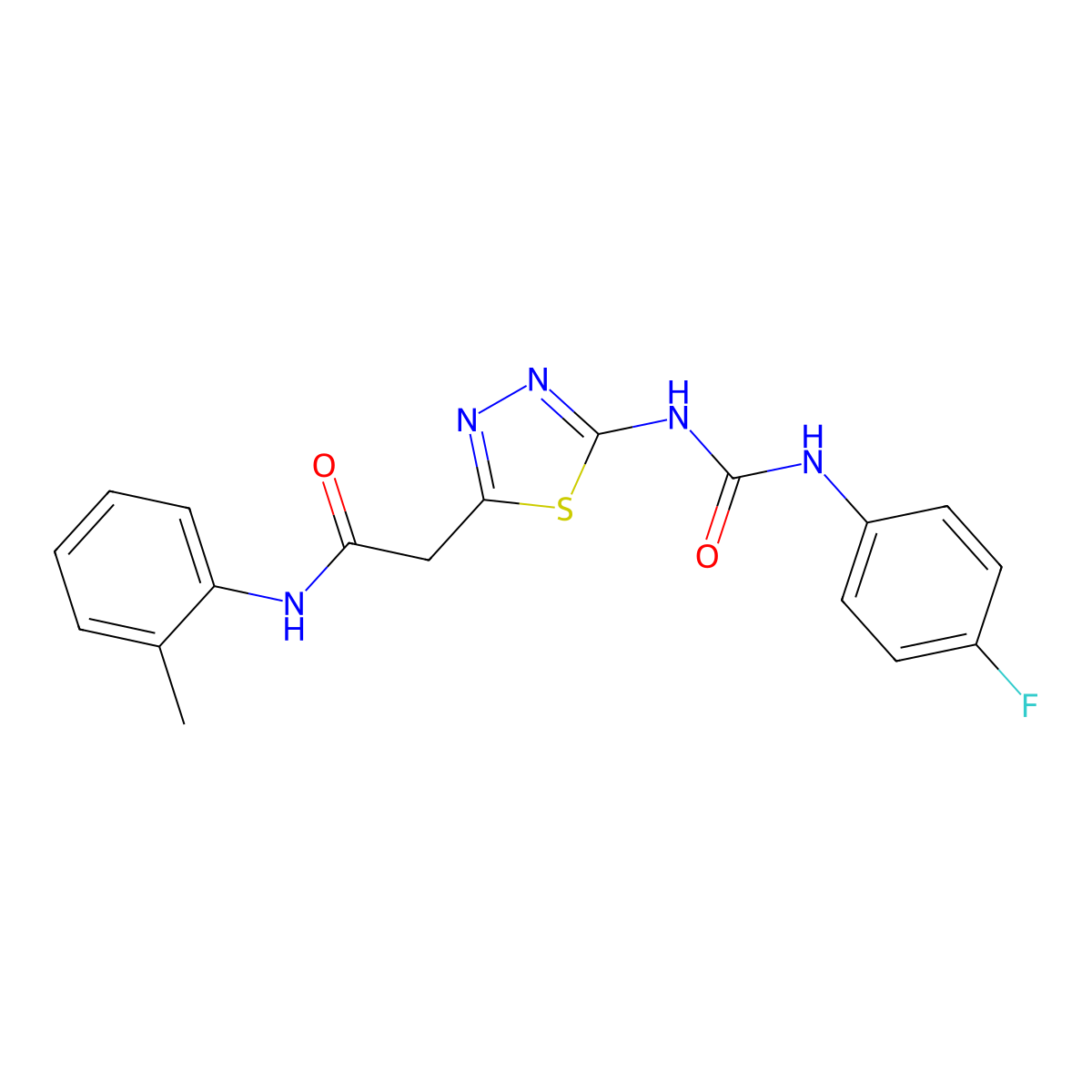 2-[5-[(4-fluorophenyl)carbamoylamino]-1,3,4-thiadiazol-2-yl]-N-(2-methylphenyl)acetamide molecular structure, CAS 426239-09-0