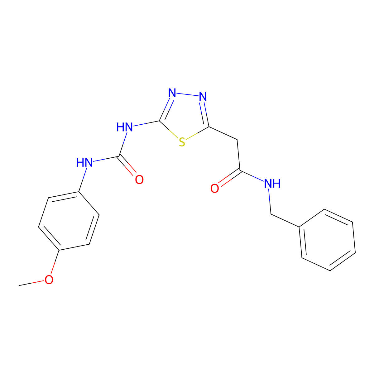 N-benzyl-2-[5-[(4-methoxyphenyl)carbamoylamino]-1,3,4-thiadiazol-2-yl]acetamide molecular structure, CAS 426240-06-4