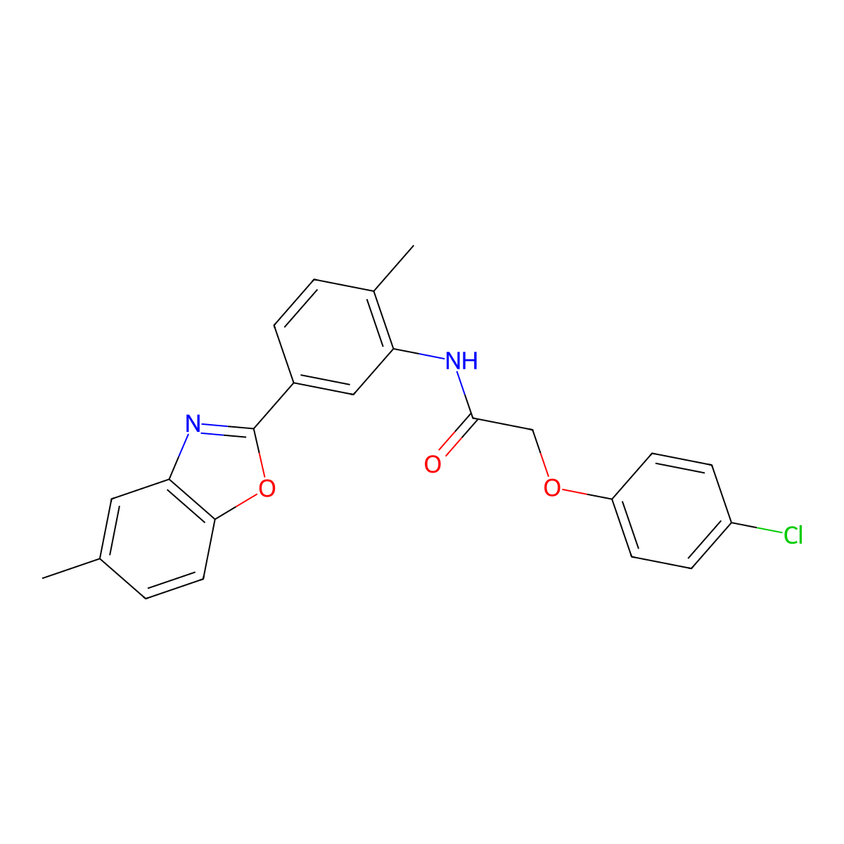 2-(4-chlorophenoxy)-N-[2-methyl-5-(5-methyl-1,3-benzoxazol-2-yl)phenyl]acetamide molecular structure, CAS 426240-76-8