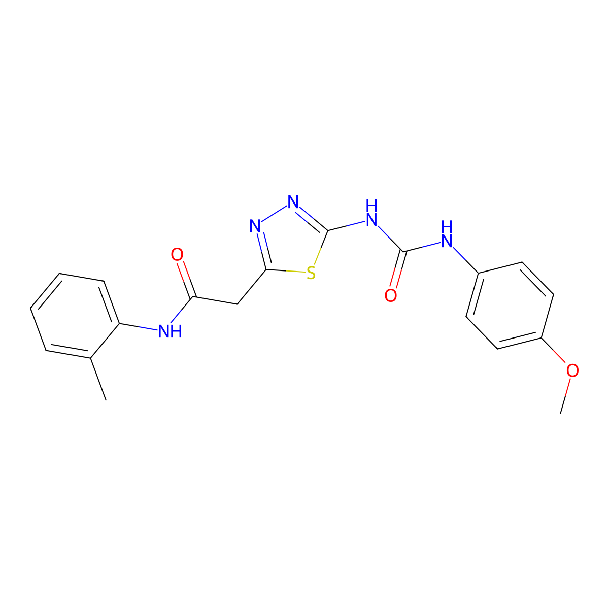2-[5-[(4-methoxyphenyl)carbamoylamino]-1,3,4-thiadiazol-2-yl]-N-(2-methylphenyl)acetamide molecular structure, CAS 426240-92-8