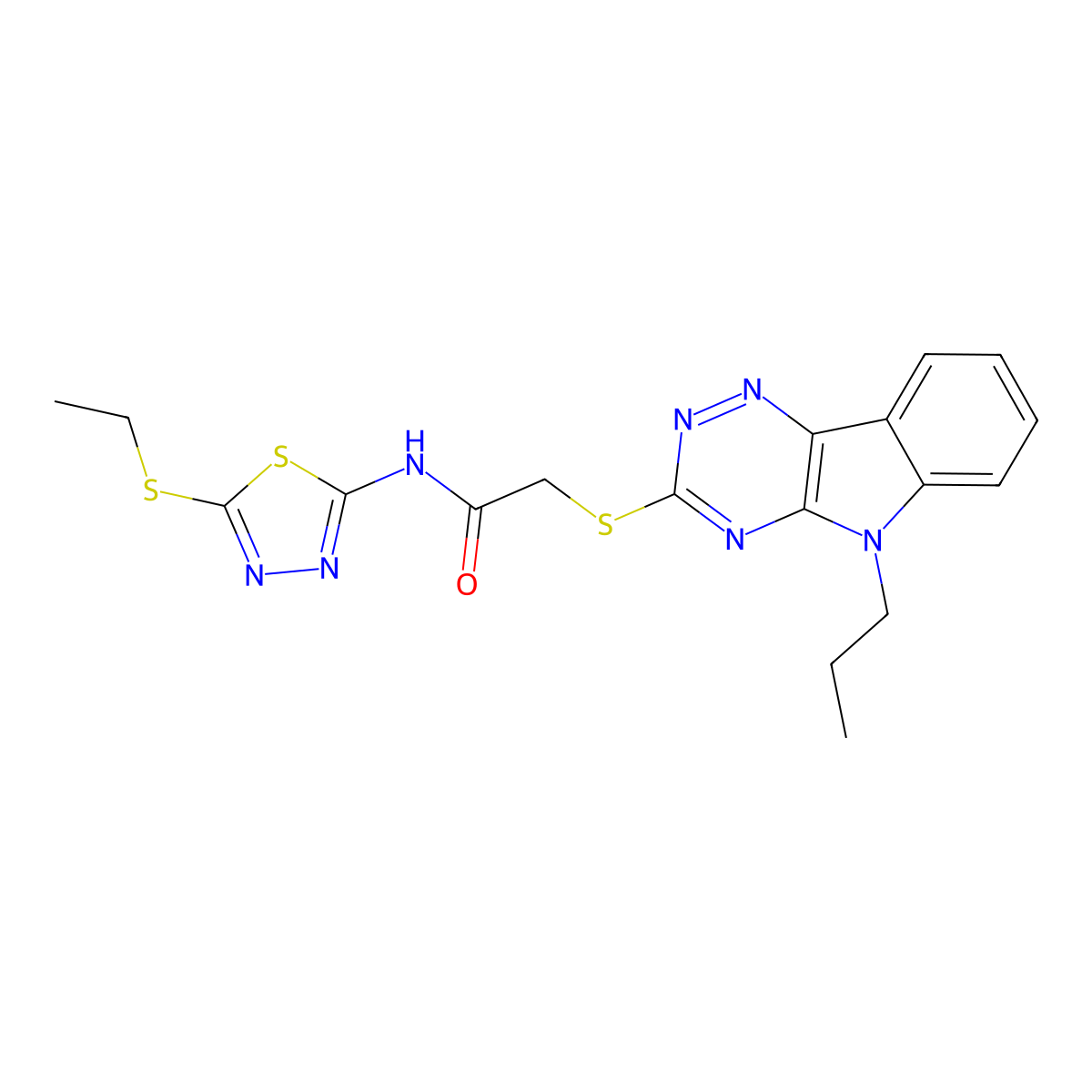 N-(5-ethylsulfanyl-1,3,4-thiadiazol-2-yl)-2-[(5-propyl-[1,2,4]triazino[5,6-b]indol-3-yl)sulfanyl]acetamide molecular structure, CAS 426241-17-0