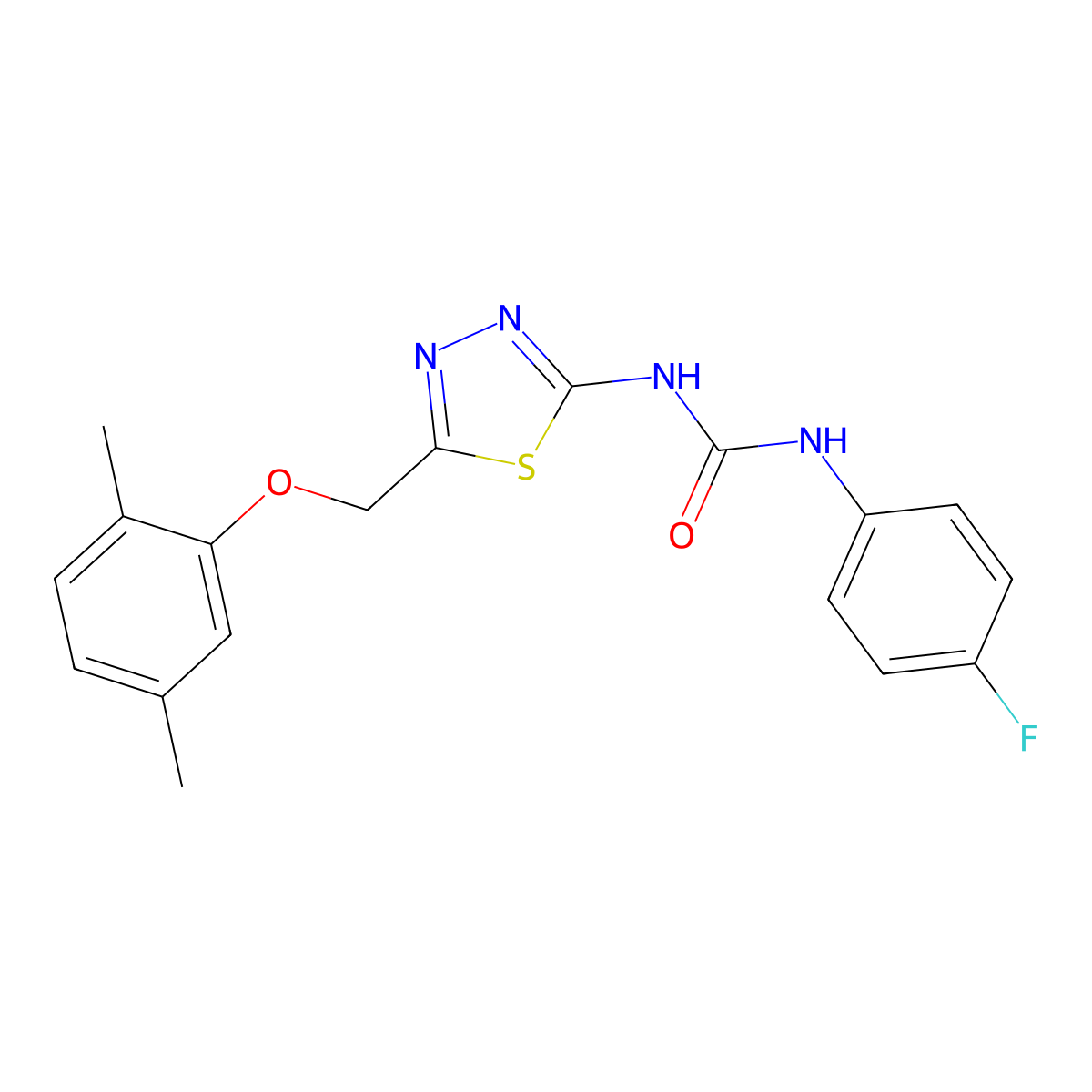 1-[5-[(2,5-Dimethylphenoxy)methyl]-1,3,4-thiadiazol-2-yl]-3-(4-fluorophenyl)urea molecular structure, CAS 426242-12-8