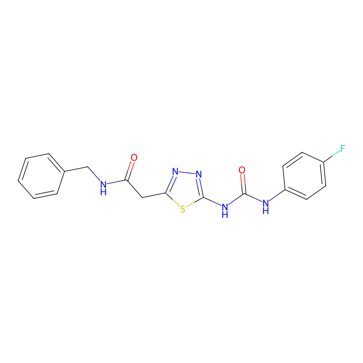 N-benzyl-2-[5-[(4-fluorophenyl)carbamoylamino]-1,3,4-thiadiazol-2-yl]acetamide molecular structure, CAS 426243-34-7