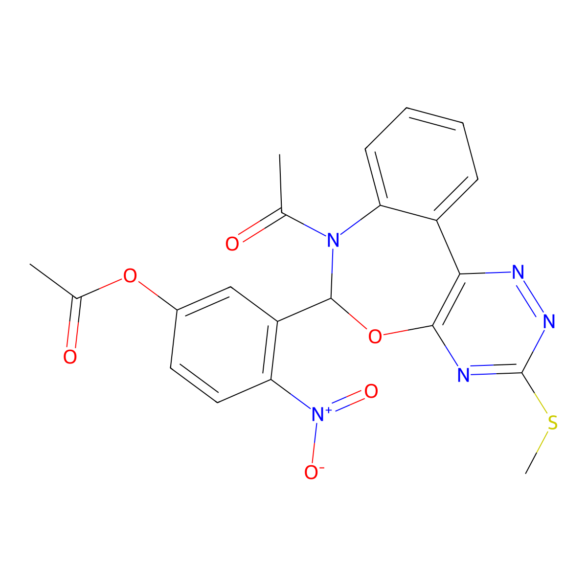 3-[7-Acetyl-3-(methylsulfanyl)-6,7-dihydro[1,2,4]triazino[5,6-d][3,1]benzoxazepin-6-yl]-4-nitrophenyl acetate molecular structure, CAS 426244-37-3