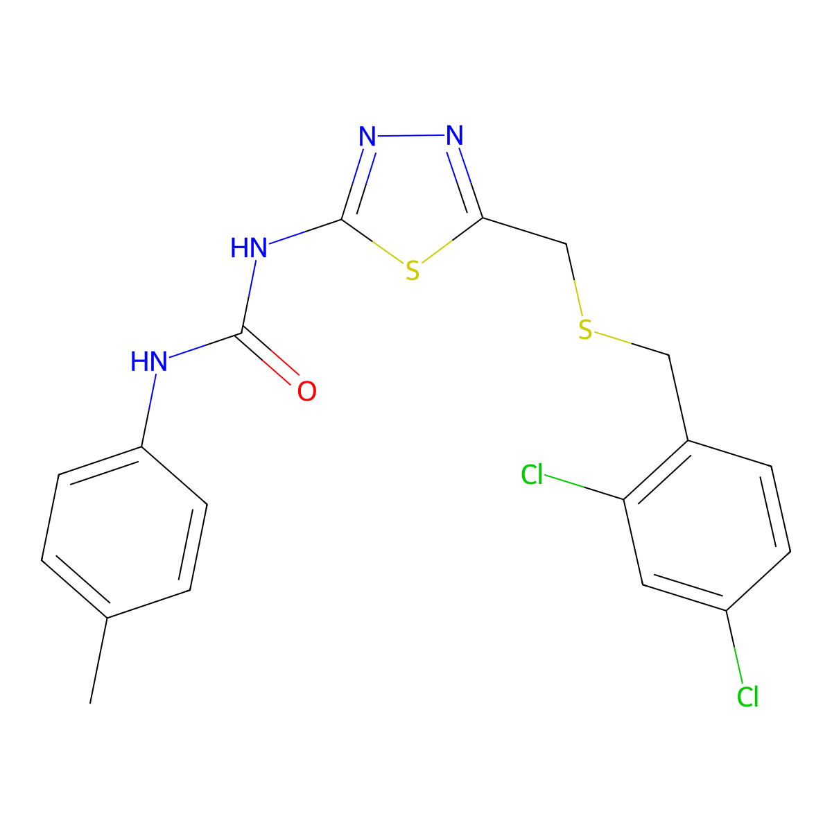1-[5-[(2,4-Dichlorophenyl)methylsulfanylmethyl]-1,3,4-thiadiazol-2-yl]-3-(4-methylphenyl)urea molecular structure, CAS 426244-41-9