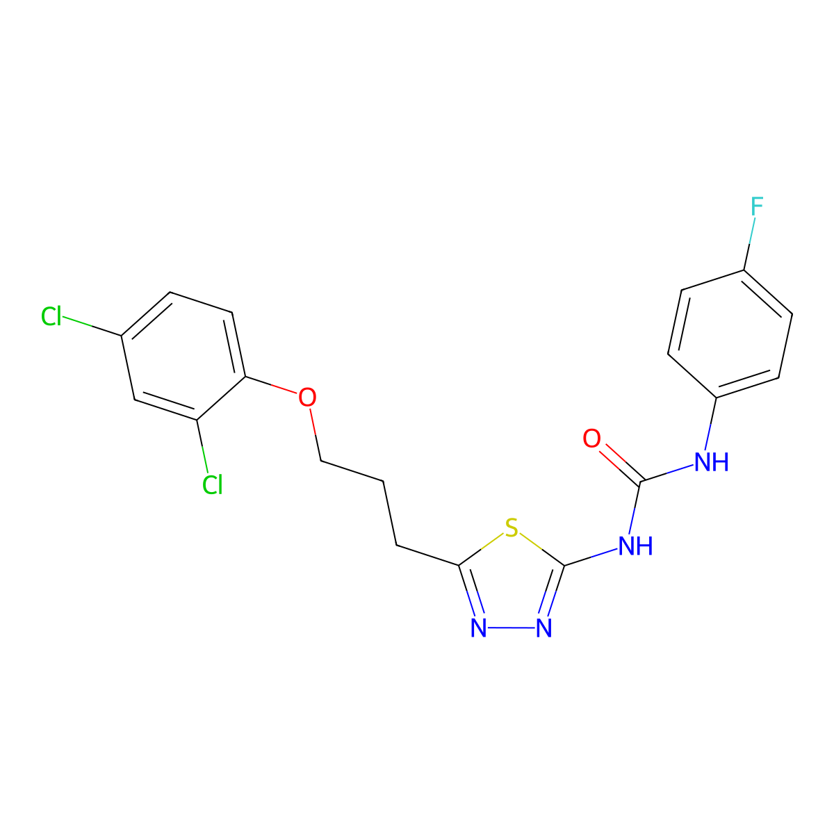 1-[5-[3-(2,4-Dichlorophenoxy)propyl]-1,3,4-thiadiazol-2-yl]-3-(4-fluorophenyl)urea molecular structure, CAS 426245-47-8