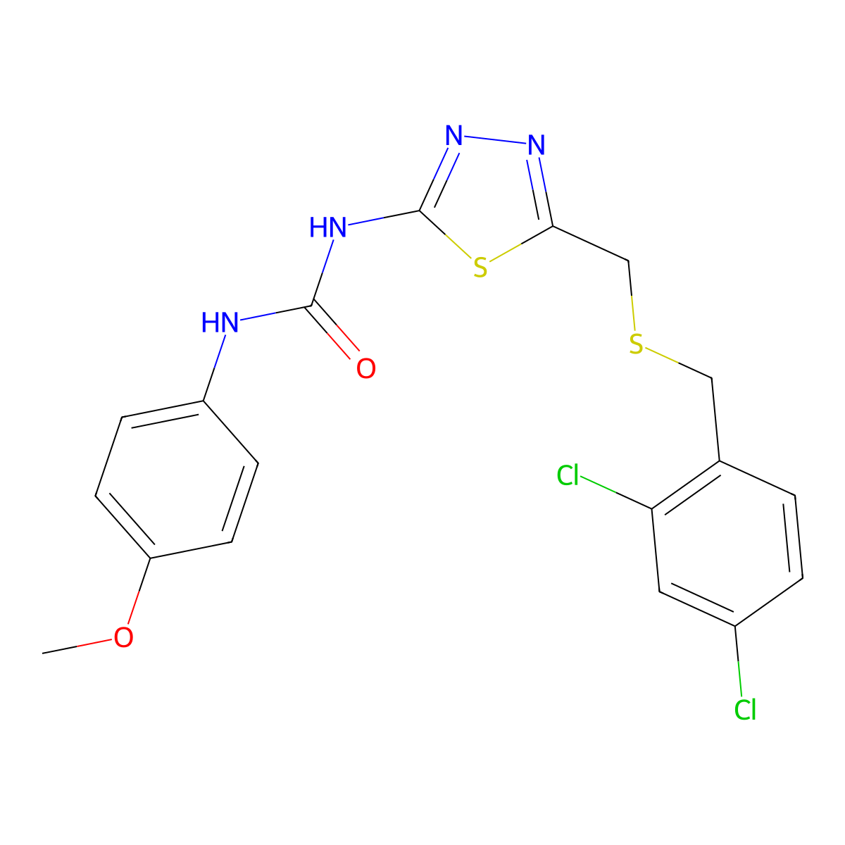 1-[5-[(2,4-Dichlorophenyl)methylsulfanylmethyl]-1,3,4-thiadiazol-2-yl]-3-(4-methoxyphenyl)urea molecular structure, CAS 426245-51-4