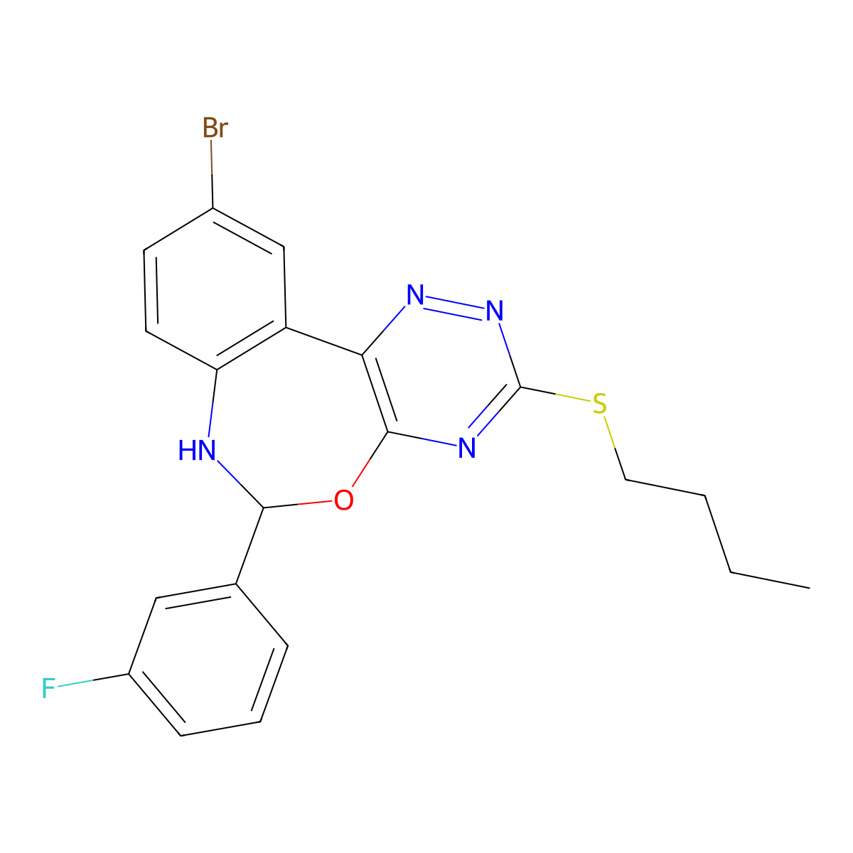 10-Bromo-3-butylsulfanyl-6-(3-fluorophenyl)-6,7-dihydro-[1,2,4]triazino[5,6-d][3,1]benzoxazepine molecular structure, CAS 426251-54-9
