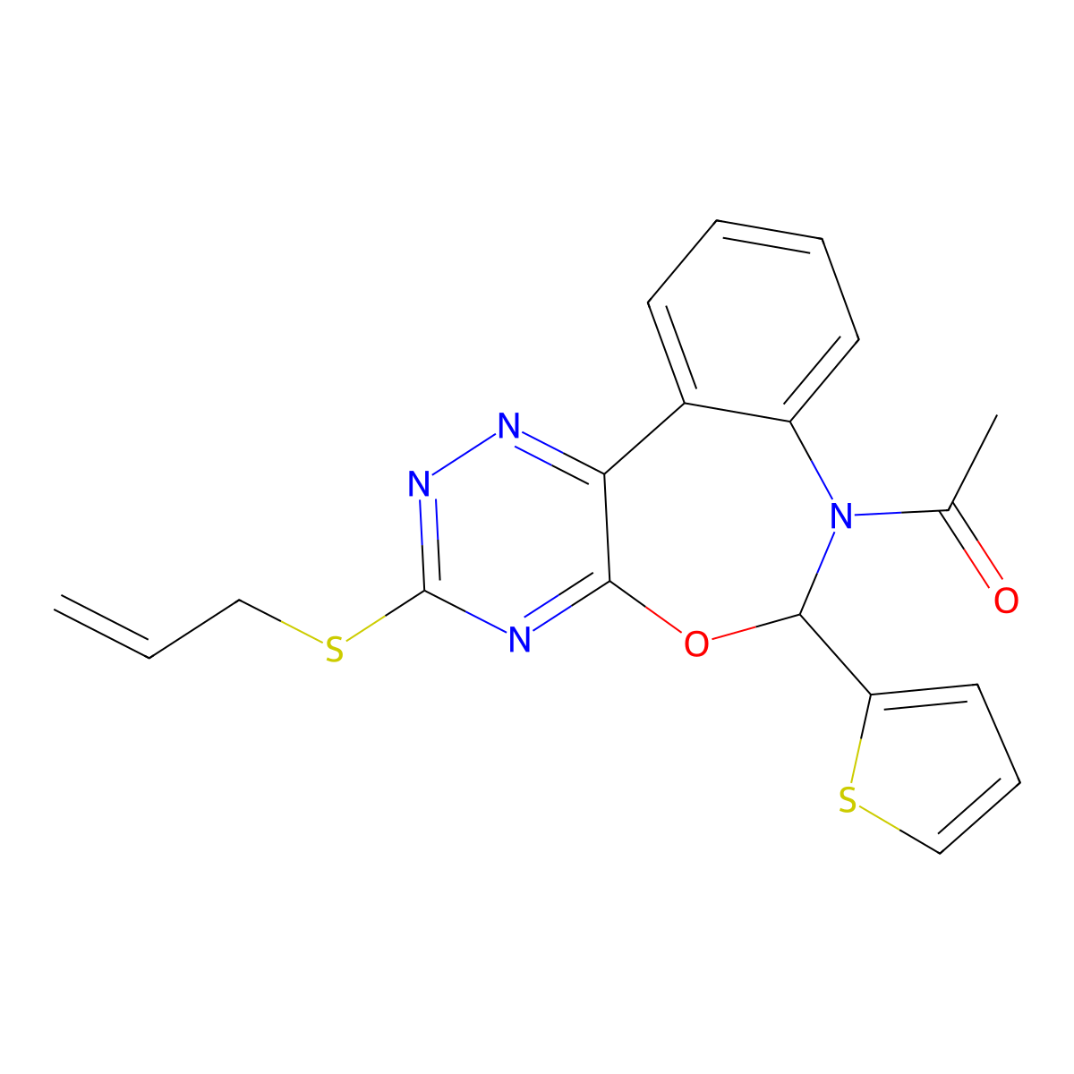 1-(3-prop-2-enylsulfanyl-6-thiophen-2-yl-6H-[1,2,4]triazino[5,6-d][3,1]benzoxazepin-7-yl)ethanone molecular structure, CAS 426252-48-4