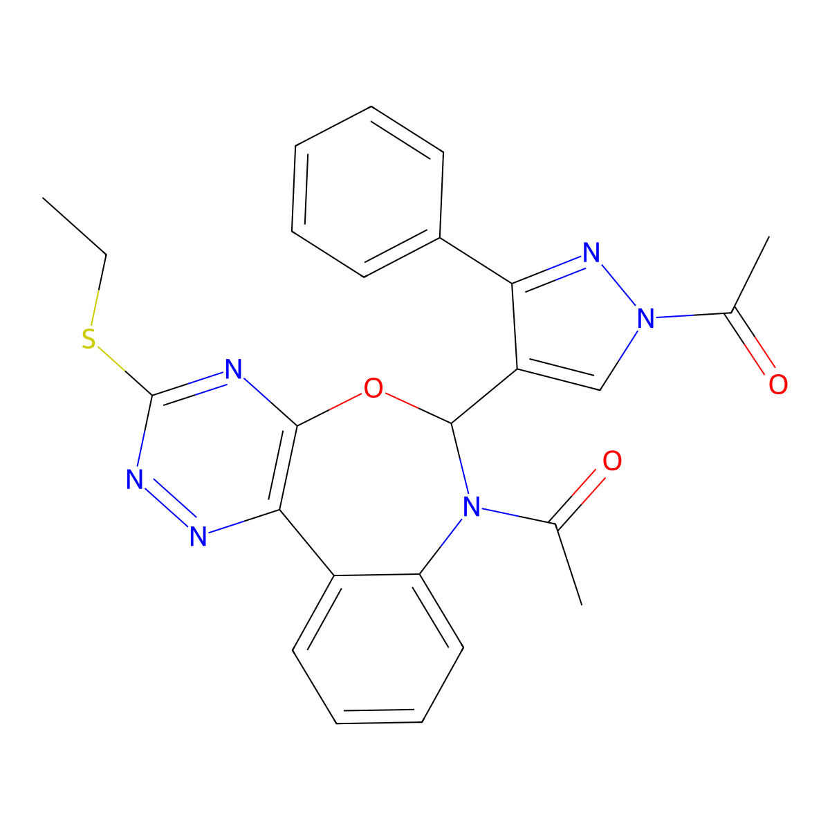 1-[4-(7-acetyl-3-ethylsulfanyl-6H-[1,2,4]triazino[5,6-d][3,1]benzoxazepin-6-yl)-3-phenylpyrazol-1-yl]ethanone molecular structure, CAS 426252-69-9