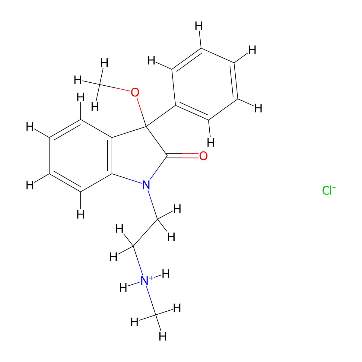 2H-Indol-2-one, 1,3-dihydro-3-methoxy-1-(2-(methylamino)ethyl)-3-phenyl-, monohydrochloride molecular structure, CAS 42773-56-8