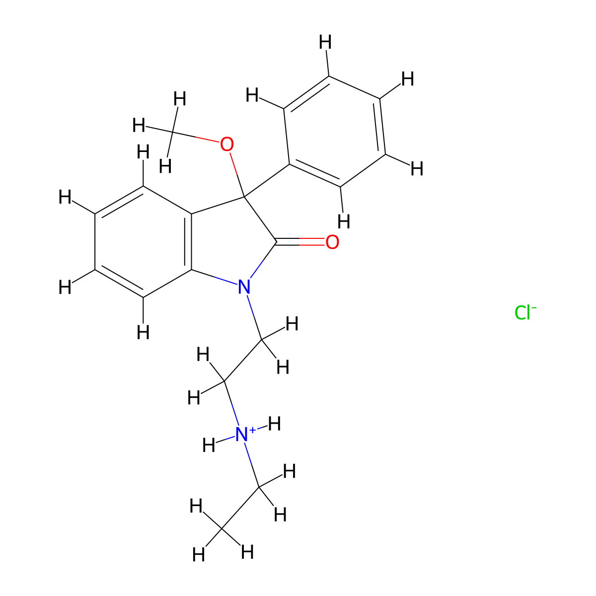 2H-Indol-2-one, 1,3-dihydro-1-(2-(ethylamino)ethyl)-3-methoxy-3-phenyl-, monohydrochloride molecular structure, CAS 42773-57-9
