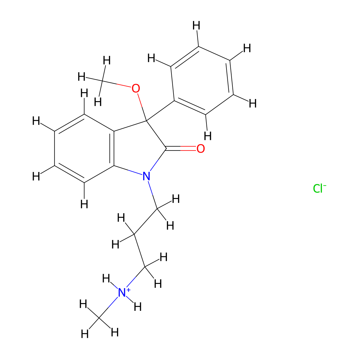 2H-Indol-2-one, 1,3-dihydro-3-methoxy-1-(3-(methylamino)propyl)-3-phenyl-, hydrochloride, hemihydrate (2:2:1) molecular structure, CAS 42773-58-0