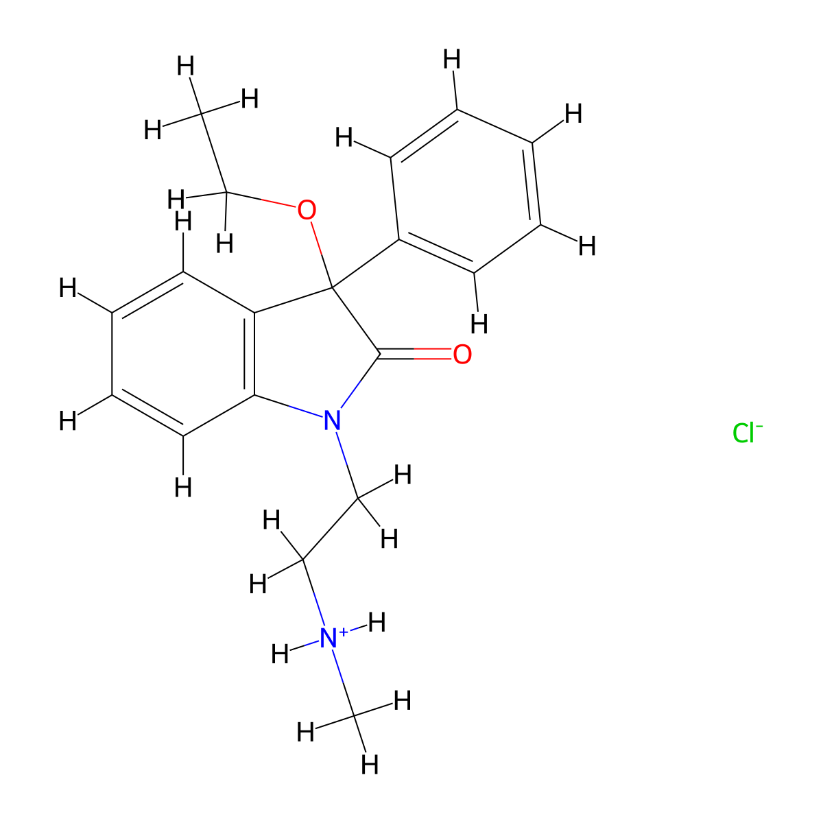 2H-Indol-2-one, 1,3-dihydro-3-ethoxy-1-(2-(methylamino)ethyl)-3-phenyl-, monohydrochloride molecular structure, CAS 42773-60-4