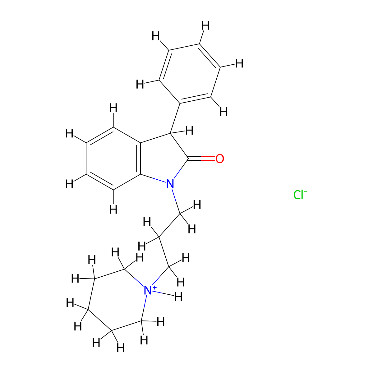 2H-Indol-2-one, 1,3-dihydro-3-phenyl-1-(3-piperidinopropyl)-, monohydrochloride molecular structure, CAS 42773-92-2