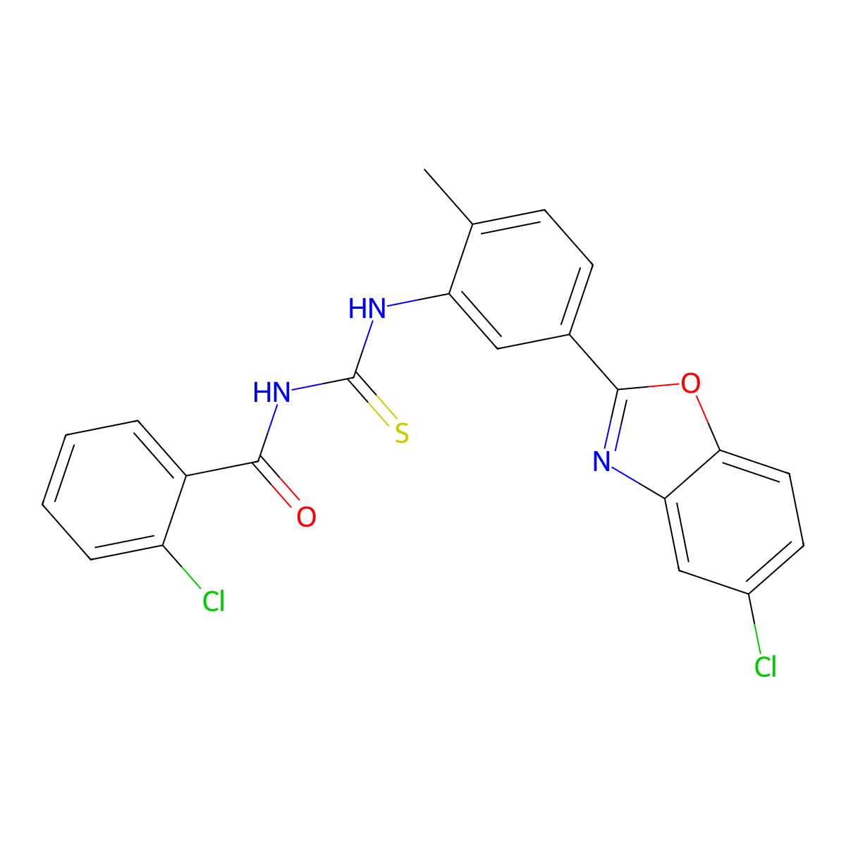 2-chloro-N-[[5-(5-chloro-1,3-benzoxazol-2-yl)-2-methylphenyl]carbamothioyl]benzamide molecular structure, CAS 428443-96-3