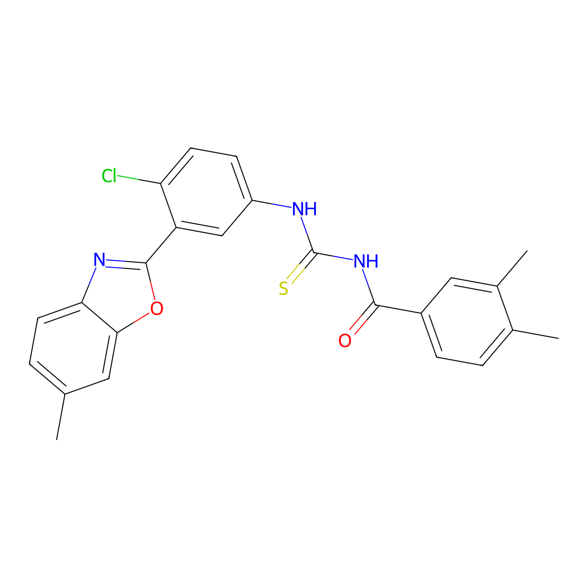 N-[[4-chloro-3-(6-methyl-1,3-benzoxazol-2-yl)phenyl]carbamothioyl]-3,4-dimethylbenzamide molecular structure, CAS 428445-54-9