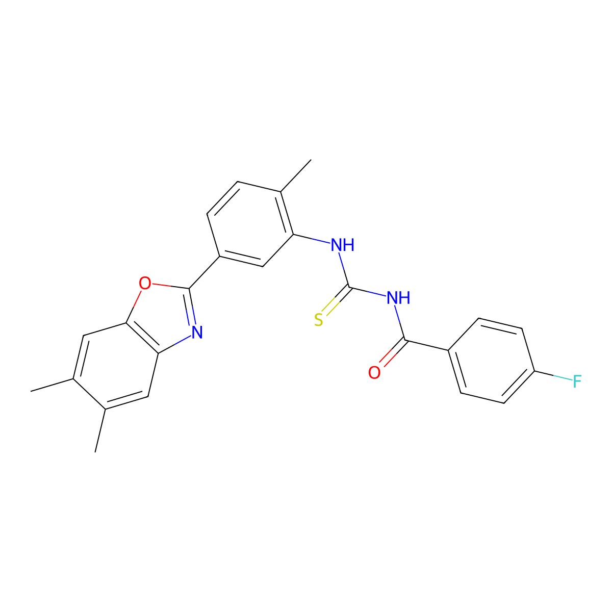 N-[[5-(5,6-dimethyl-1,3-benzoxazol-2-yl)-2-methylphenyl]carbamothioyl]-4-fluorobenzamide molecular structure, CAS 428445-70-9