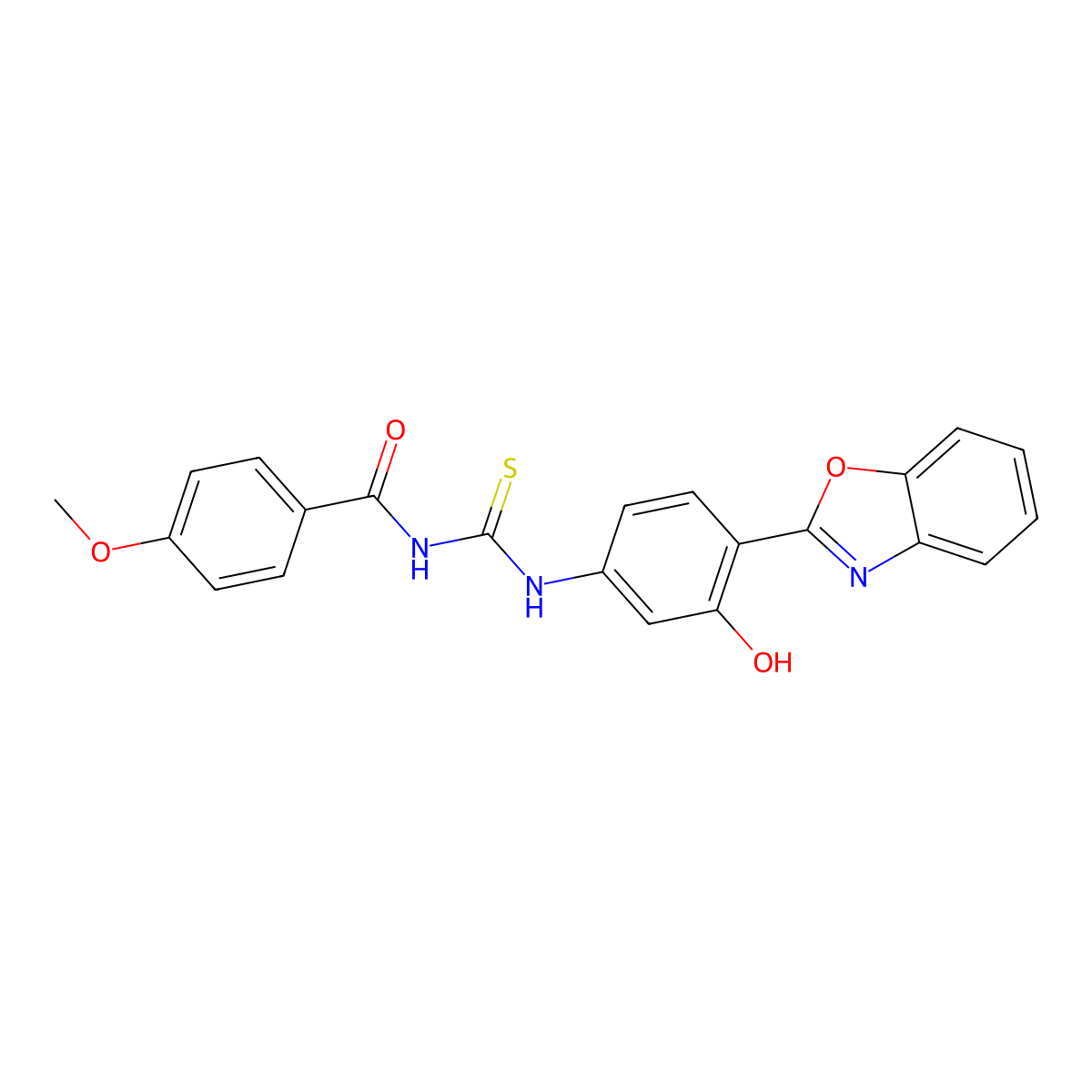 N-((4-(benzo[d]oxazol-2-yl)-3-hydroxyphenyl)carbamothioyl)-4-methoxybenzamide molecular structure, CAS 428448-15-1