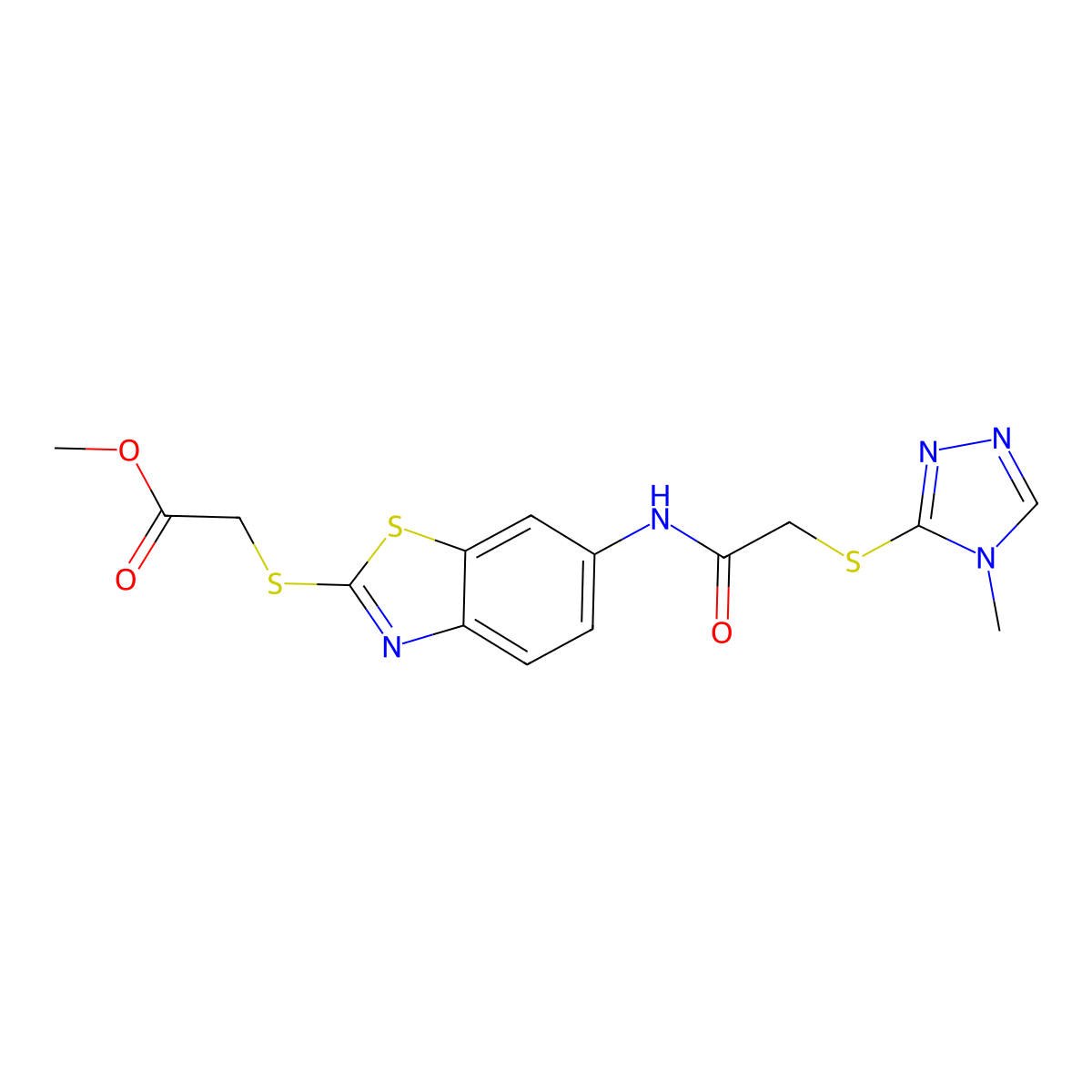 methyl {[6-({[(4-methyl-4H-1,2,4-triazol-3-yl)sulfanyl]acetyl}amino)-1,3-benzothiazol-2-yl]sulfanyl}acetate molecular structure, CAS 428449-93-8