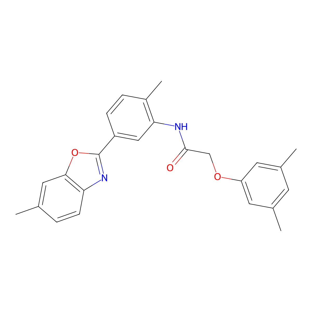 2-(3,5-dimethylphenoxy)-N-[2-methyl-5-(6-methyl-1,3-benzoxazol-2-yl)phenyl]acetamide molecular structure, CAS 428451-14-3