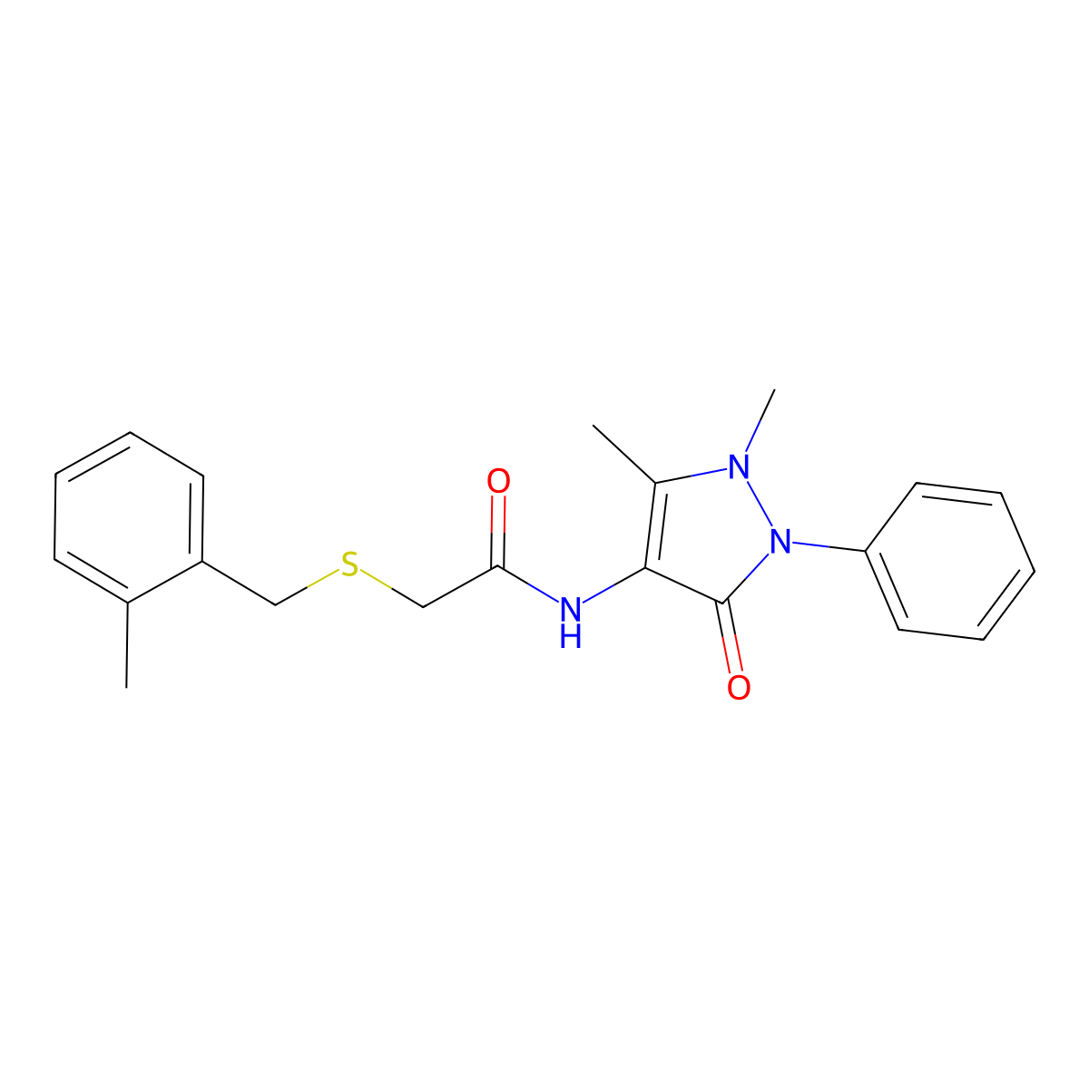 N-(1,5-dimethyl-3-oxo-2-phenylpyrazol-4-yl)-2-[(2-methylphenyl)methylsulfanyl]acetamide molecular structure, CAS 428452-25-9