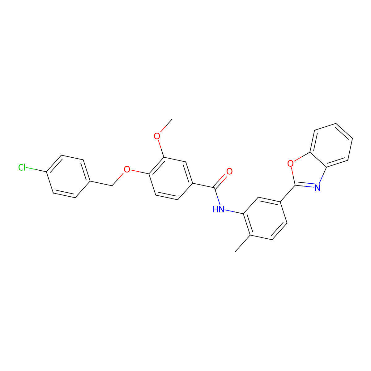N-[5-(1,3-benzoxazol-2-yl)-2-methylphenyl]-4-[(4-chlorobenzyl)oxy]-3-methoxybenzamide molecular structure, CAS 428456-45-5