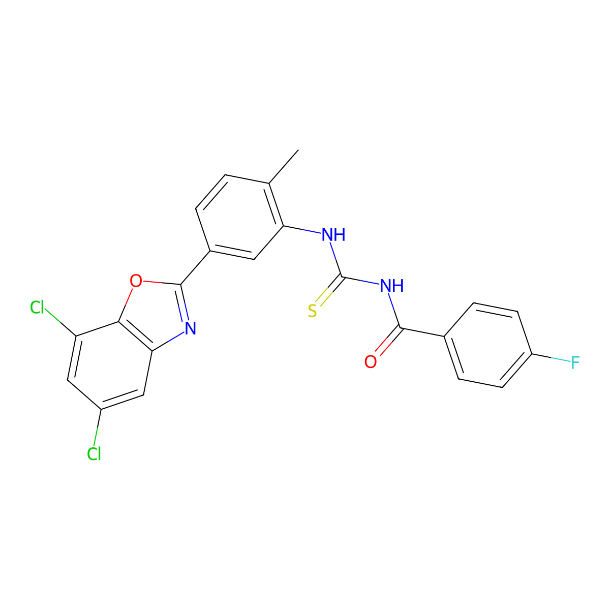 N-[[5-(5,7-dichloro-1,3-benzoxazol-2-yl)-2-methylphenyl]carbamothioyl]-4-fluorobenzamide molecular structure, CAS 428458-22-4