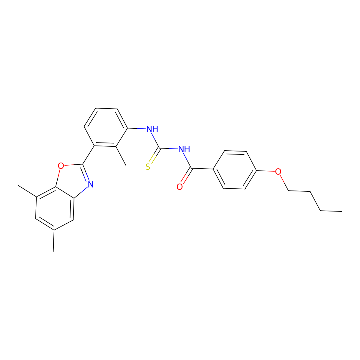 4-butoxy-N-[[3-(5,7-dimethyl-1,3-benzoxazol-2-yl)-2-methylphenyl]carbamothioyl]benzamide molecular structure, CAS 428461-94-3
