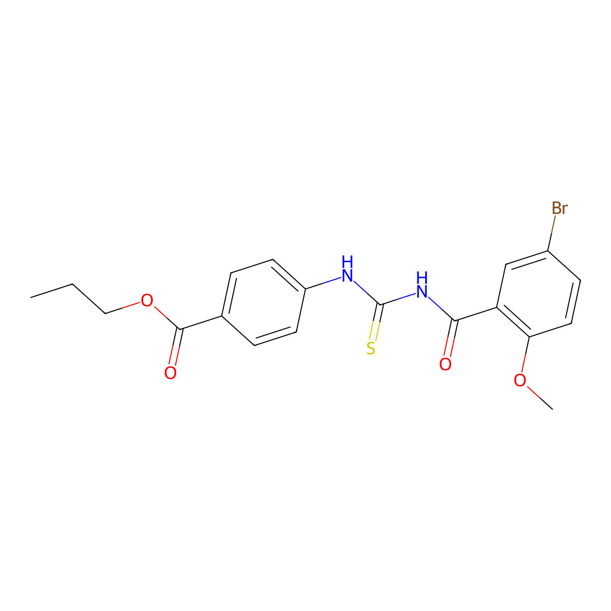 Propyl 4-({[(5-bromo-2-methoxyphenyl)carbonyl]carbamothioyl}amino)benzoate molecular structure, CAS 428464-36-2