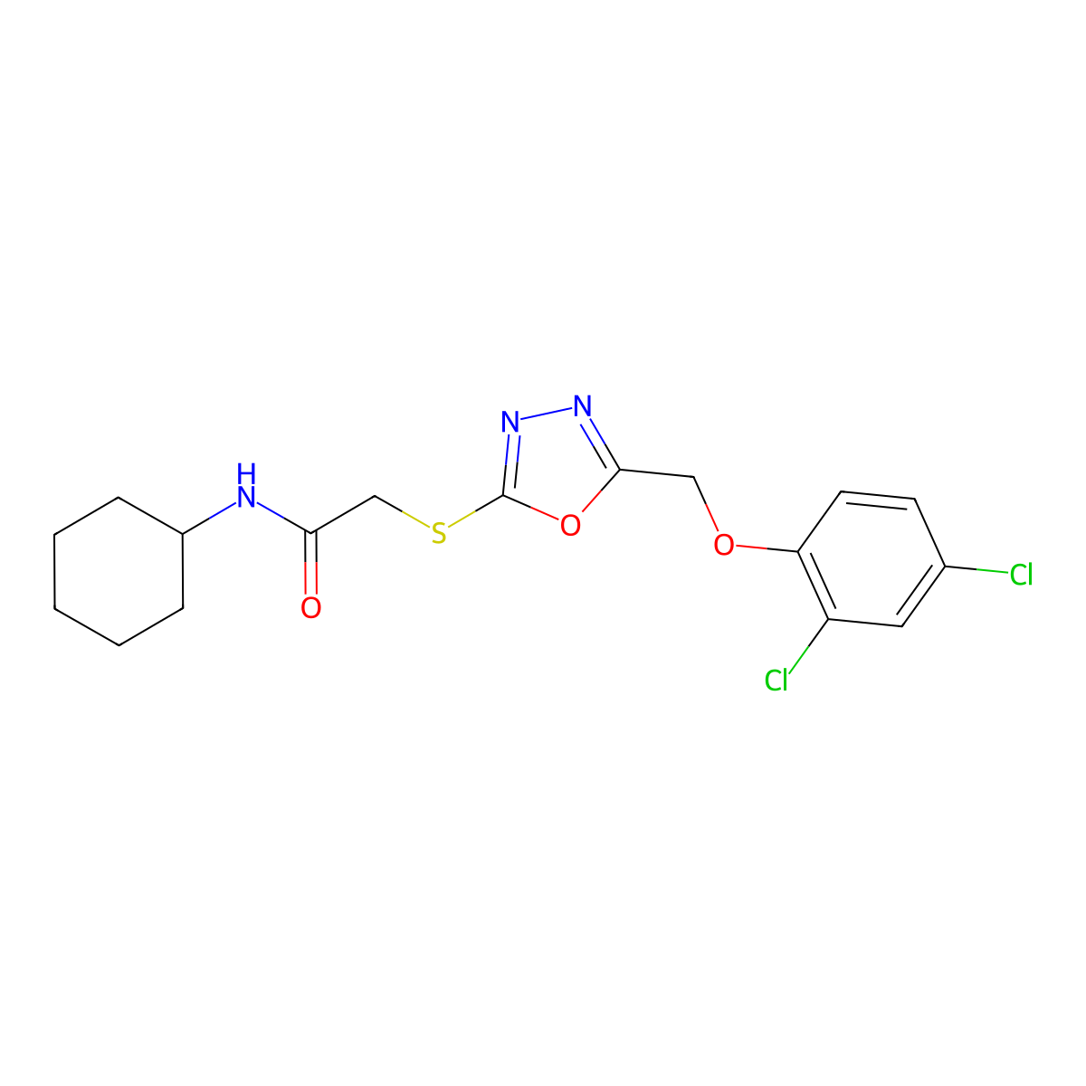 N-cyclohexyl-2-[[5-[(2,4-dichlorophenoxy)methyl]-1,3,4-oxadiazol-2-yl]sulfanyl]acetamide molecular structure, CAS 428465-47-8