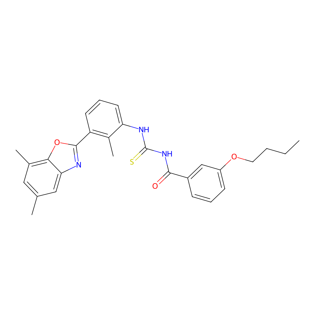 3-butoxy-N-[[3-(5,7-dimethyl-1,3-benzoxazol-2-yl)-2-methylphenyl]carbamothioyl]benzamide molecular structure, CAS 428468-44-4